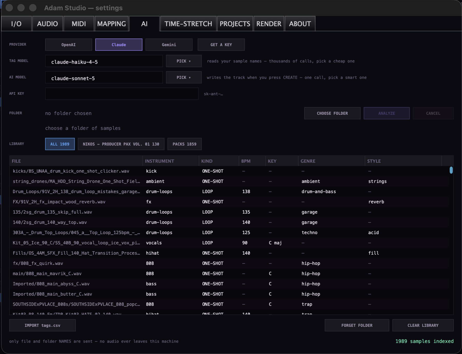 The AI tab of the settings window: the provider buttons and GET A KEY, the API key field, CHOOSE FOLDER and ANALYZE, the folder chips, and the table of analysed samples.