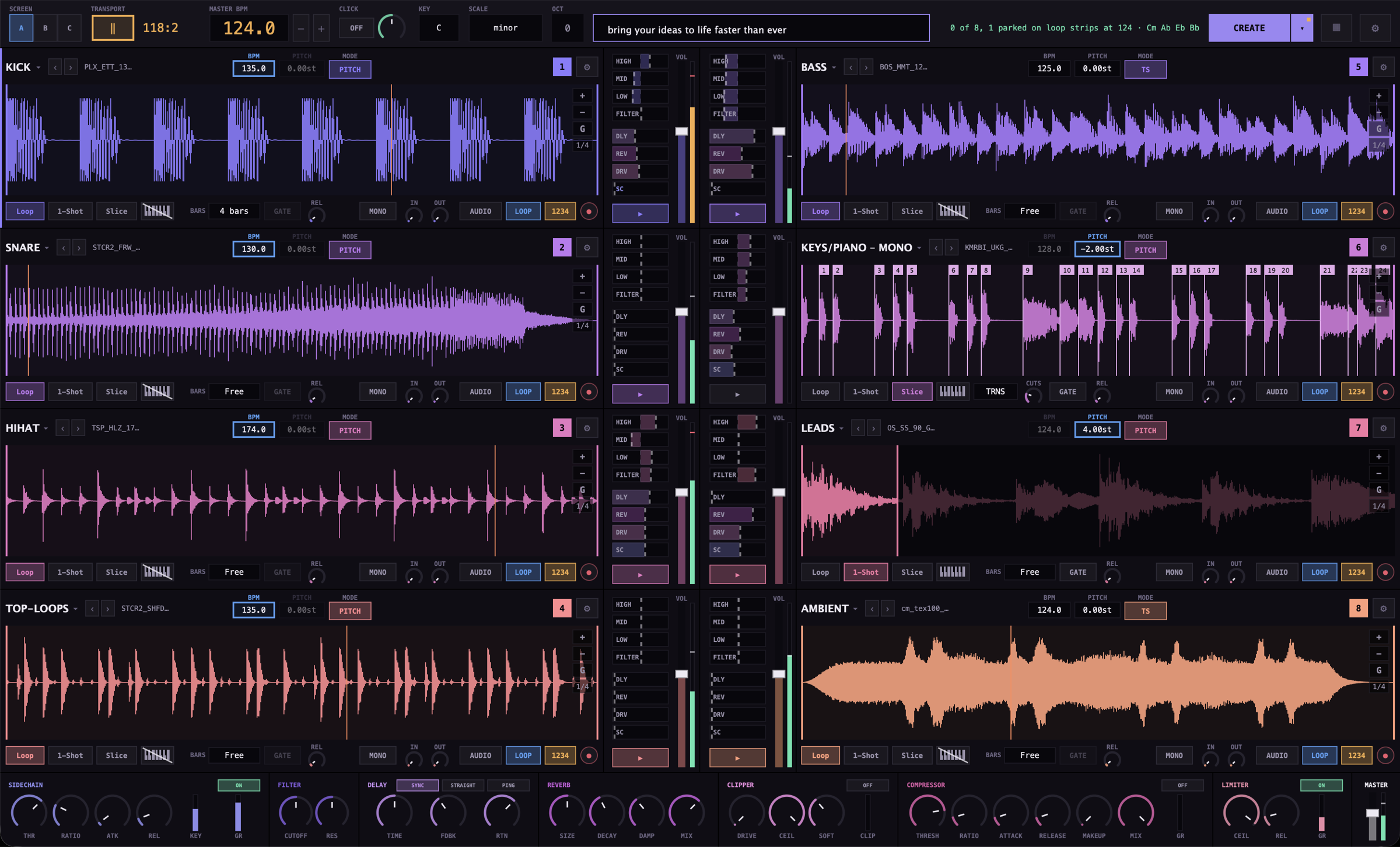The Adam Studio window after CREATE: the master bar with the prompt across the top, eight players in two columns each with a coloured waveform and its own channel strip, and the master chain along the bottom.