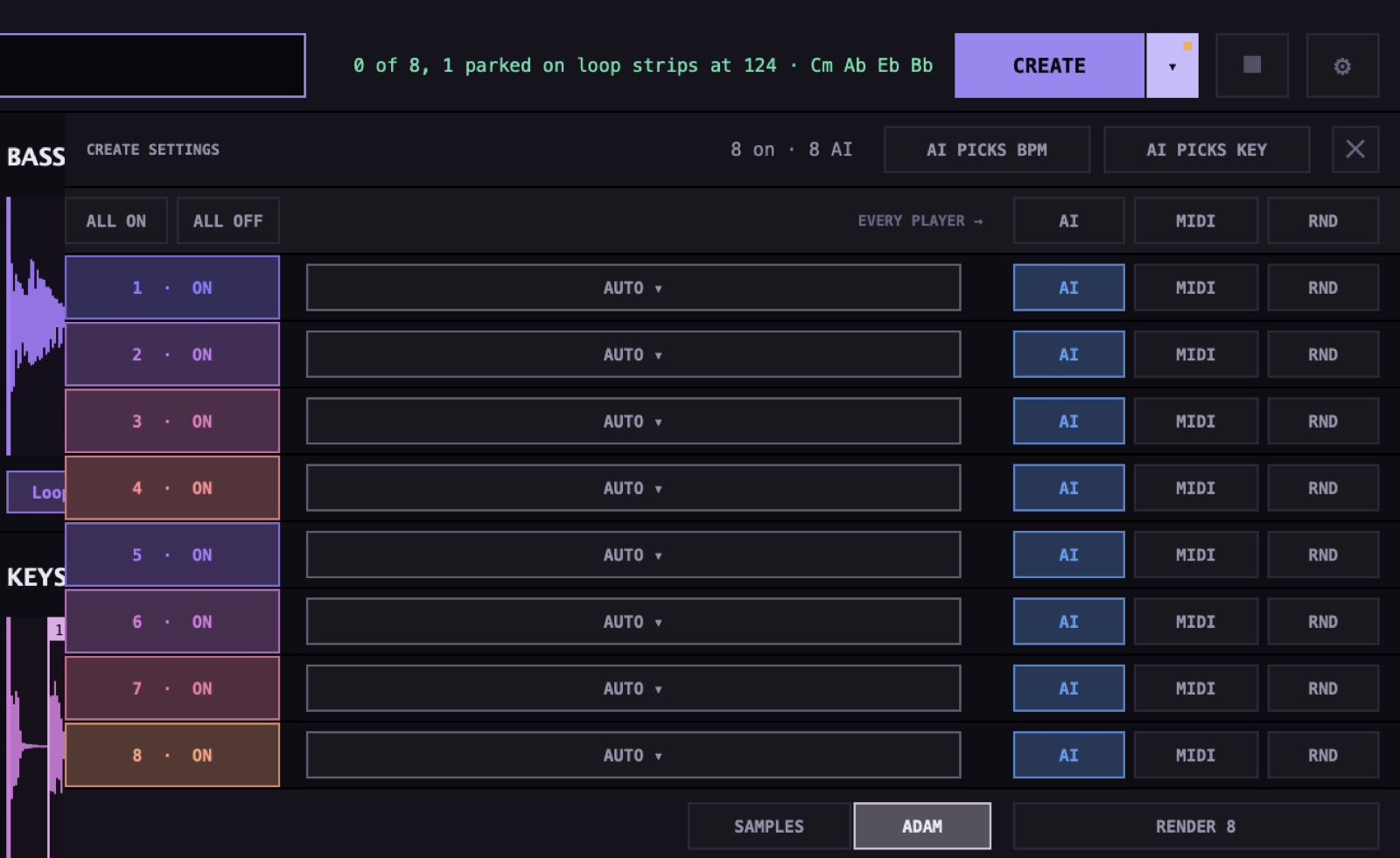 The create settings panel over the app: a row per player numbered 1 to 8 in its own colour, each with an ON switch, an instrument field reading AUTO, and AI, MIDI and RND buttons with AI lit. Along the top, ALL ON and ALL OFF, a column that sets every player at once, and AI PICKS BPM and AI PICKS KEY. Along the bottom, a SAMPLES and ADAM pair and a RENDER 8 button.