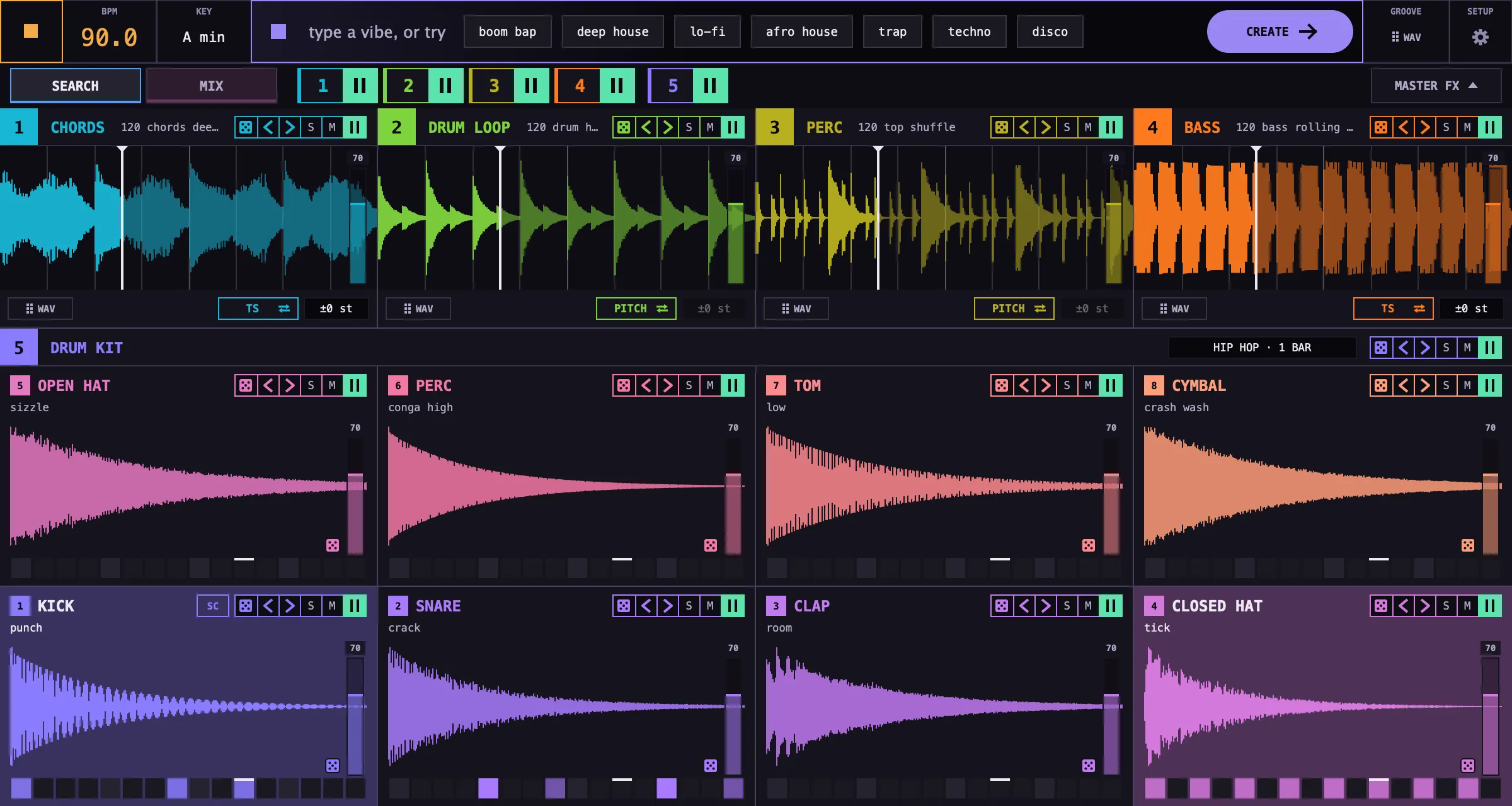 Adam Groovebox playing: the prompt bar and CREATE along the top, four loopers (chords, a drum loop, perc and bass) each with its waveform, and the drum kit's eight pads below, kick, snare, clap and closed hat on the bottom row, each with its 16 steps.